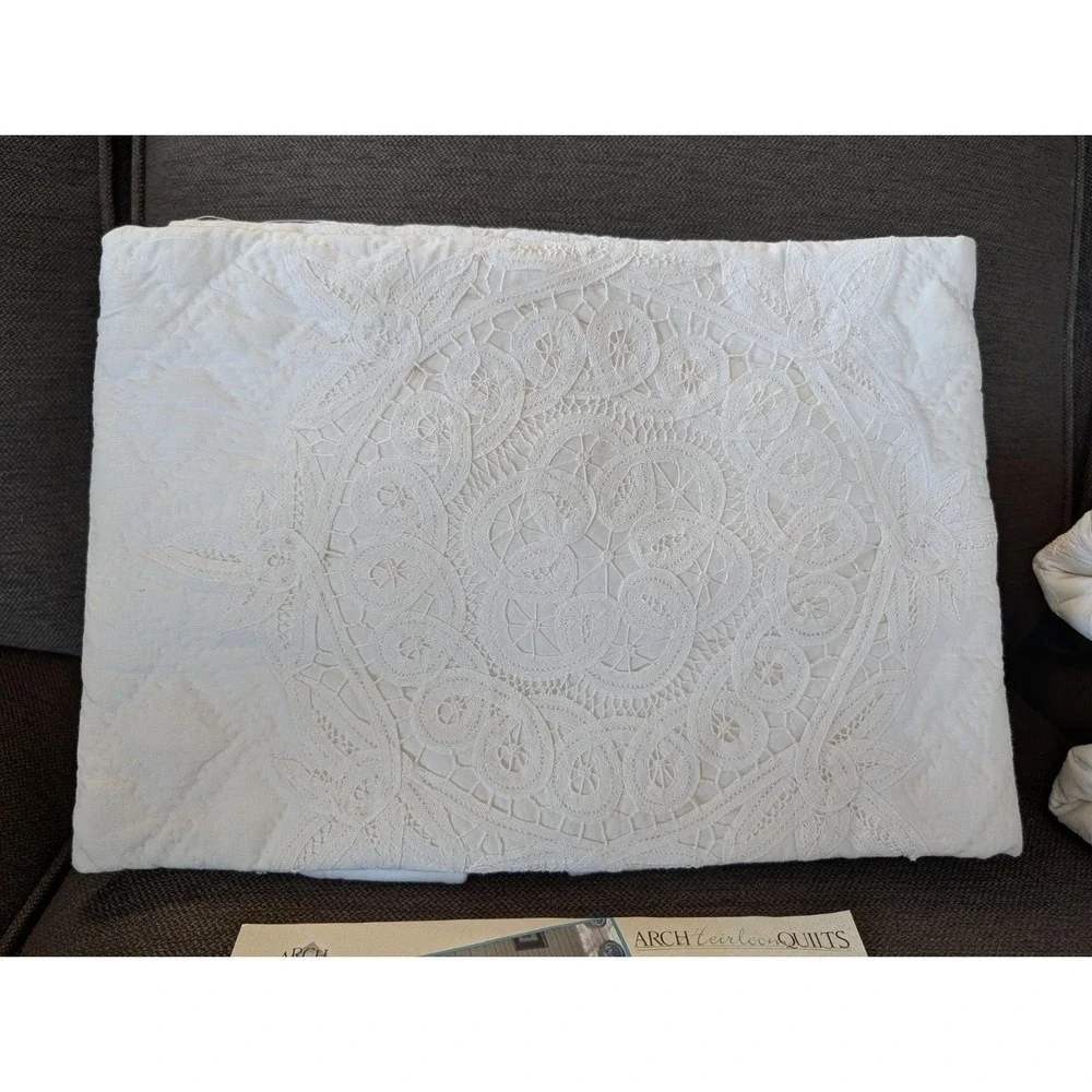 Vtg ARCH Heirloom Patchwork Hand Quilted White Battenberg Sham Lace Full Queen